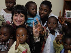 Eve Ensler with children from the community. City of Joy, February 2013, Bukavu, DRC.